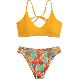 imageSweatyRocks Womens Sexy Bathing Suit Floral Print Cross Back Bikini Set SwimsuitsLight Yellow
