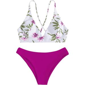 imageSweatyRocks Womens Sexy Bathing Suit Floral Print Cross Back Bikini Set SwimsuitsPurple and White