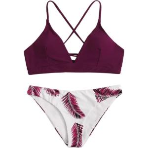 imageSweatyRocks Womens Sexy Bathing Suit Floral Print Cross Back Bikini Set SwimsuitsRed3