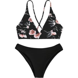imageSweatyRocks Womens Sexy Bathing Suit Floral Print Cross Back Bikini Set SwimsuitsSolid Black