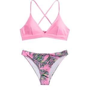 imageSweatyRocks Womens Sexy Bathing Suit Floral Print Cross Back Bikini Set SwimsuitsTropical Pink