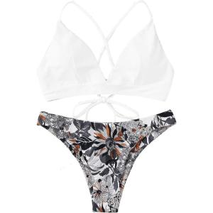 imageSweatyRocks Womens Sexy Bathing Suit Floral Print Cross Back Bikini Set SwimsuitsWhite