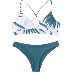 imageSweatyRocks Womens Sexy Bathing Suit Floral Print Cross Back Bikini Set SwimsuitsWhite Dusty Blue