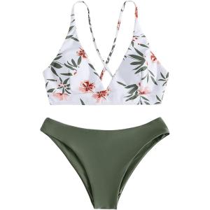 imageSweatyRocks Womens Sexy Bathing Suit Floral Print Cross Back Bikini Set SwimsuitsWhite Green