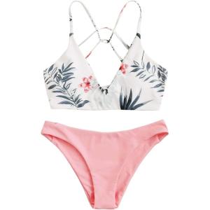 imageSweatyRocks Womens Sexy Bathing Suit Floral Print Cross Back Bikini Set SwimsuitsWhite Pink