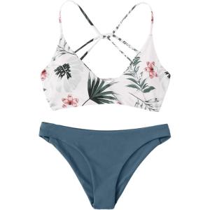 imageSweatyRocks Womens Sexy Bathing Suit Floral Print Cross Back Bikini Set SwimsuitsWhite1