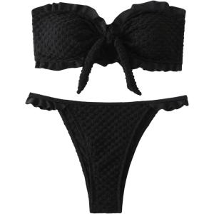 imageSweatyRocks Womens Two Piece Swimsuit Strapless Ruffle Knot Front Bandeau Bikini Set Thong Bathing SuitsBlack