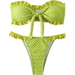 imageSweatyRocks Womens Two Piece Swimsuit Strapless Ruffle Knot Front Bandeau Bikini Set Thong Bathing SuitsLime Green