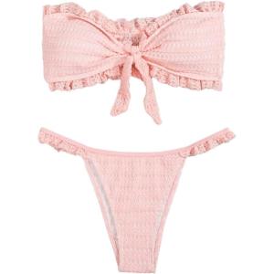 imageSweatyRocks Womens Two Piece Swimsuit Strapless Ruffle Knot Front Bandeau Bikini Set Thong Bathing SuitsPink