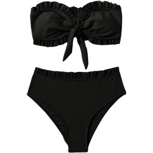 imageSweatyRocks Womens Two Piece Swimsuit Strapless Ruffle Knot Front Bandeau Bikini Set Thong Bathing SuitsSolid Black
