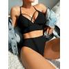 imageSweatyRocks Womens 2 Piece Bathing Suit Cut Out Criss Cross Halter Swimsuit Rib Knitted Wireless Bra Bikini SetsBlack