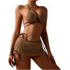 imageSweatyRocks Womens 3 Piece Bathing Suit Tie Back Triangle Bikini Set Hollow Out Swimsuit with Beach Cover Up SkirtsKhaki