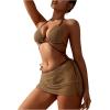 imageSweatyRocks Womens 3 Piece Bathing Suit Tie Back Triangle Bikini Set Hollow Out Swimsuit with Beach Cover Up SkirtsKhaki