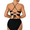 imageSweatyRocks Womens 2 Piece Bathing Suit Cut Out Criss Cross Halter Swimsuit Rib Knitted Wireless Bra Bikini SetsBlack