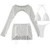 imageSweatyRocks Womens 4 Piece Swimsuit Solid Spaghetti Strap High Cut Bikini with Cover UpSolid White