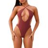imageSweatyRocks Womens Cut Out Backless Halter One Piece Swimsuit Crisscross High Cut Bathing SuitCoffee Brown