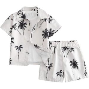 imageSweatyRocks Boys Summer Vacation Outfits Button Down Shirt and Shorts 2 Piece SetsApricot