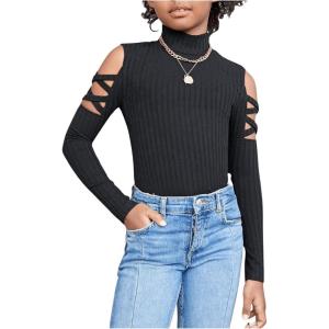 imageSweatyRocks Girls Mock Neck Long Sleeve Ribbed Knit Top Criss Cross Cut Out Tee ShirtBlack