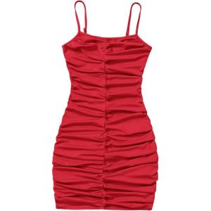 imageSweatyRocks Girls Spaghetti Strap Solid Ruched Slim Fitted Cami Short DressRed