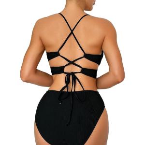 imageSweatyRocks Womens 2 Piece Bathing Suit Cut Out Criss Cross Halter Swimsuit Rib Knitted Wireless Bra Bikini SetsBlack