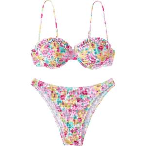 imageSweatyRocks Womens 2 Piece Bathing Suit Floral Print Spaghetti Strap Frilled Bikini Set SwimsuitMulticolor