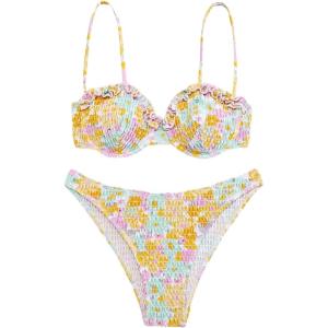 imageSweatyRocks Womens 2 Piece Bathing Suit Floral Print Spaghetti Strap Frilled Bikini Set SwimsuitYellow