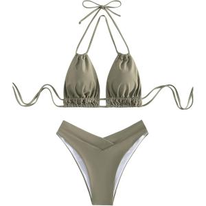 imageSweatyRocks Womens 2 Piece Bathing Suit Lace Up Halter Triangle Bikini Asymmetrical Waist High Cut SwimsuitArmy Green