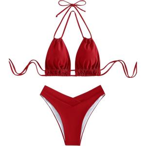 imageSweatyRocks Womens 2 Piece Bathing Suit Lace Up Halter Triangle Bikini Asymmetrical Waist High Cut SwimsuitBurgundy