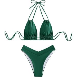 imageSweatyRocks Womens 2 Piece Bathing Suit Lace Up Halter Triangle Bikini Asymmetrical Waist High Cut SwimsuitDark Green