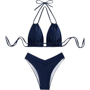 imageSweatyRocks Womens 2 Piece Bathing Suit Lace Up Halter Triangle Bikini Asymmetrical Waist High Cut SwimsuitNavy Blue