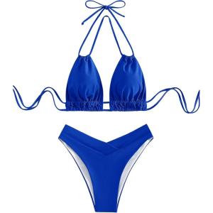 imageSweatyRocks Womens 2 Piece Bathing Suit Lace Up Halter Triangle Bikini Asymmetrical Waist High Cut SwimsuitRoyal Blue