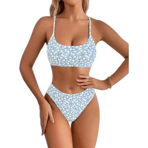 imageSweatyRocks Womens 2 Piece Bikini Set Ditsy Floral Print High Cut Bathing Suit BeachwearBlue