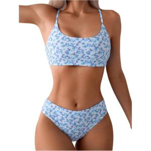 imageSweatyRocks Womens 2 Piece Bikini Set Ditsy Floral Print High Cut Bathing Suit BeachwearBlue and White