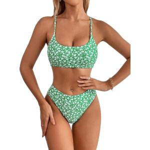 imageSweatyRocks Womens 2 Piece Bikini Set Ditsy Floral Print High Cut Bathing Suit BeachwearGreen