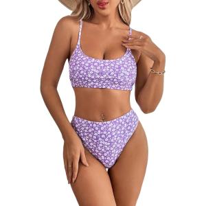 imageSweatyRocks Womens 2 Piece Bikini Set Ditsy Floral Print High Cut Bathing Suit BeachwearLilac Purple