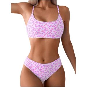 imageSweatyRocks Womens 2 Piece Bikini Set Ditsy Floral Print High Cut Bathing Suit BeachwearPink