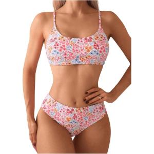 imageSweatyRocks Womens 2 Piece Bikini Set Ditsy Floral Print High Cut Bathing Suit BeachwearPink and White