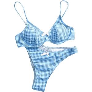 imageSweatyRocks Womens 2 Piece Bikini Set Plaid Bowknot Gingham Bikini Swimsuit High Cut Cute BikiniBlue