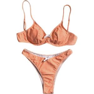 imageSweatyRocks Womens 2 Piece Bikini Set Plaid Bowknot Gingham Bikini Swimsuit High Cut Cute BikiniOrange