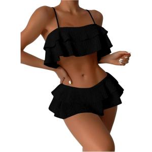 imageSweatyRocks Womens 2 Piece Swimsuit Spaghetti Strap Tiered Ruffle Trim Bikini Bathing SuitBlack