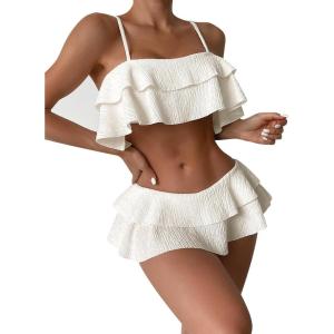 imageSweatyRocks Womens 2 Piece Swimsuit Spaghetti Strap Tiered Ruffle Trim Bikini Bathing SuitWhite