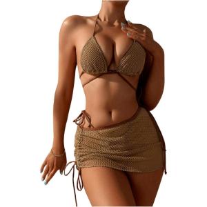 imageSweatyRocks Womens 3 Piece Bathing Suit Tie Back Triangle Bikini Set Hollow Out Swimsuit with Beach Cover Up SkirtsKhaki