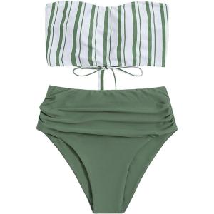 imageSweatyRocks Womens Bathing Suits Striped Bandeau Bikini high Waisted Swimsuits Swimwear SetArmy Green