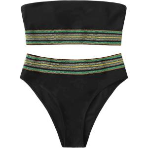 imageSweatyRocks Womens Bathing Suits Striped Bandeau Bikini high Waisted Swimsuits Swimwear SetBlack