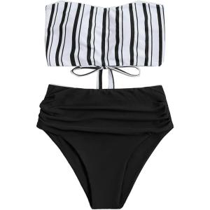 imageSweatyRocks Womens Bathing Suits Striped Bandeau Bikini high Waisted Swimsuits Swimwear SetBlack Stripes