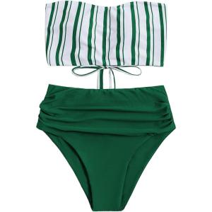 imageSweatyRocks Womens Bathing Suits Striped Bandeau Bikini high Waisted Swimsuits Swimwear SetDark Green
