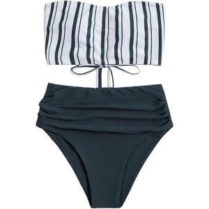 imageSweatyRocks Womens Bathing Suits Striped Bandeau Bikini high Waisted Swimsuits Swimwear SetDusty Blue