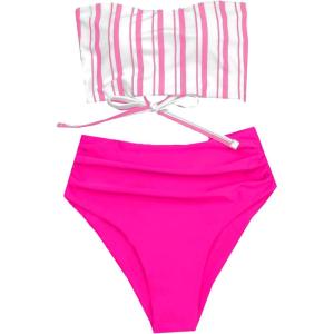 imageSweatyRocks Womens Bathing Suits Striped Bandeau Bikini high Waisted Swimsuits Swimwear SetHot Pink White