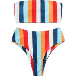 imageSweatyRocks Womens Bathing Suits Striped Bandeau Bikini high Waisted Swimsuits Swimwear SetMulti3