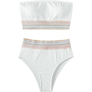 imageSweatyRocks Womens Bathing Suits Striped Bandeau Bikini high Waisted Swimsuits Swimwear SetPlain White